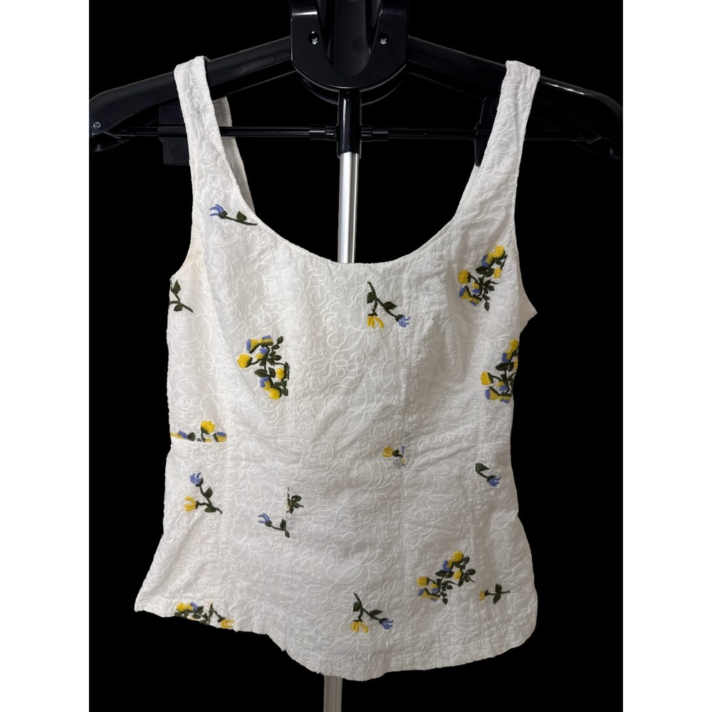Anthropologie Vanessa Virginia Embroidered Floral Jacquard Tank White Peplum 0